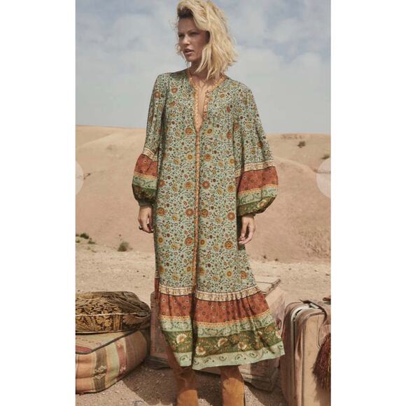 SPELL & THE GYPSY COLLECTIVE - LADY UNTAMED BUTTON DOWN MIDI DRESS -MATCHA - Med - Picture 3 of 10